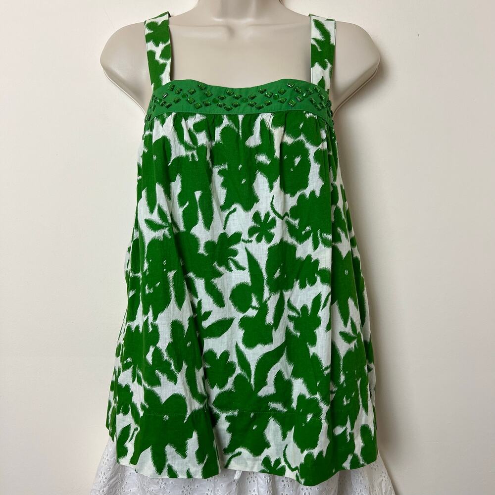 Y2K 100% Cotton Green White Bejeweled Abstract Floral Trapeze Tank Top Small